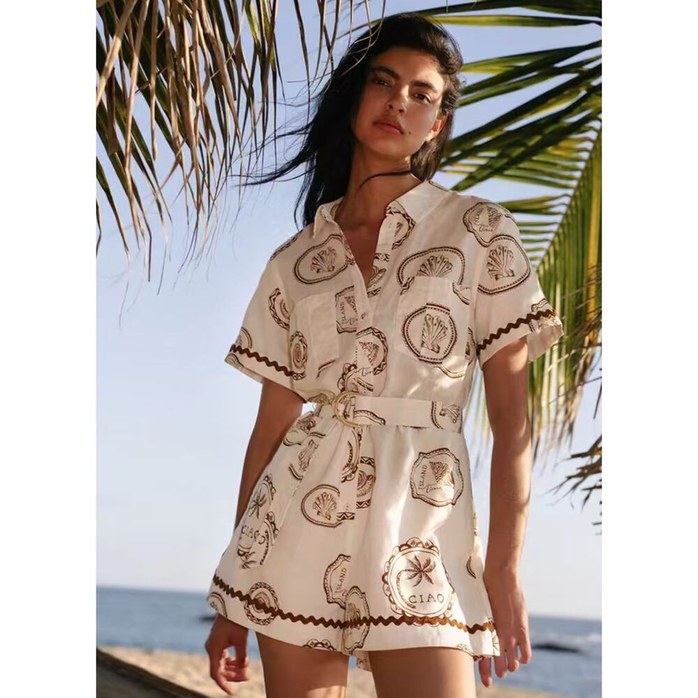 Kivari Ciao Printed Linen-Cotton Belted Romper